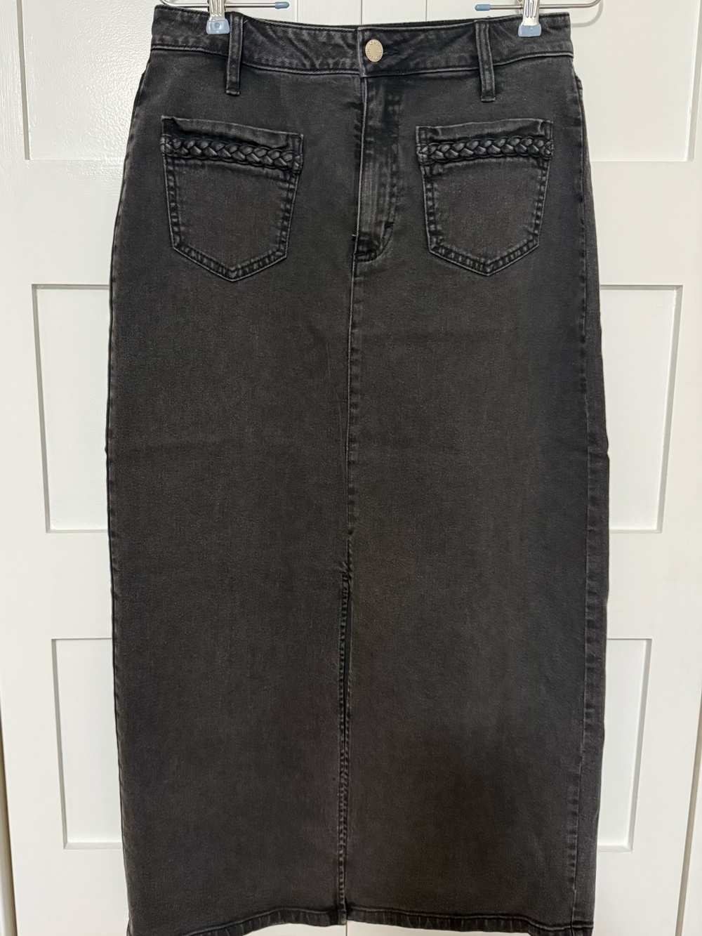 Black Maxi Denim Skirt with Braided Pocket Detail